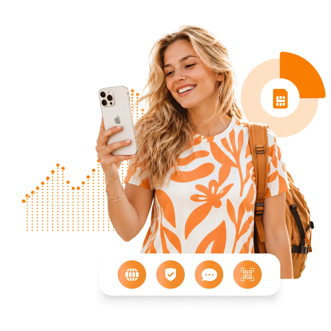 A traveller using a peydsim eSIM on her phone